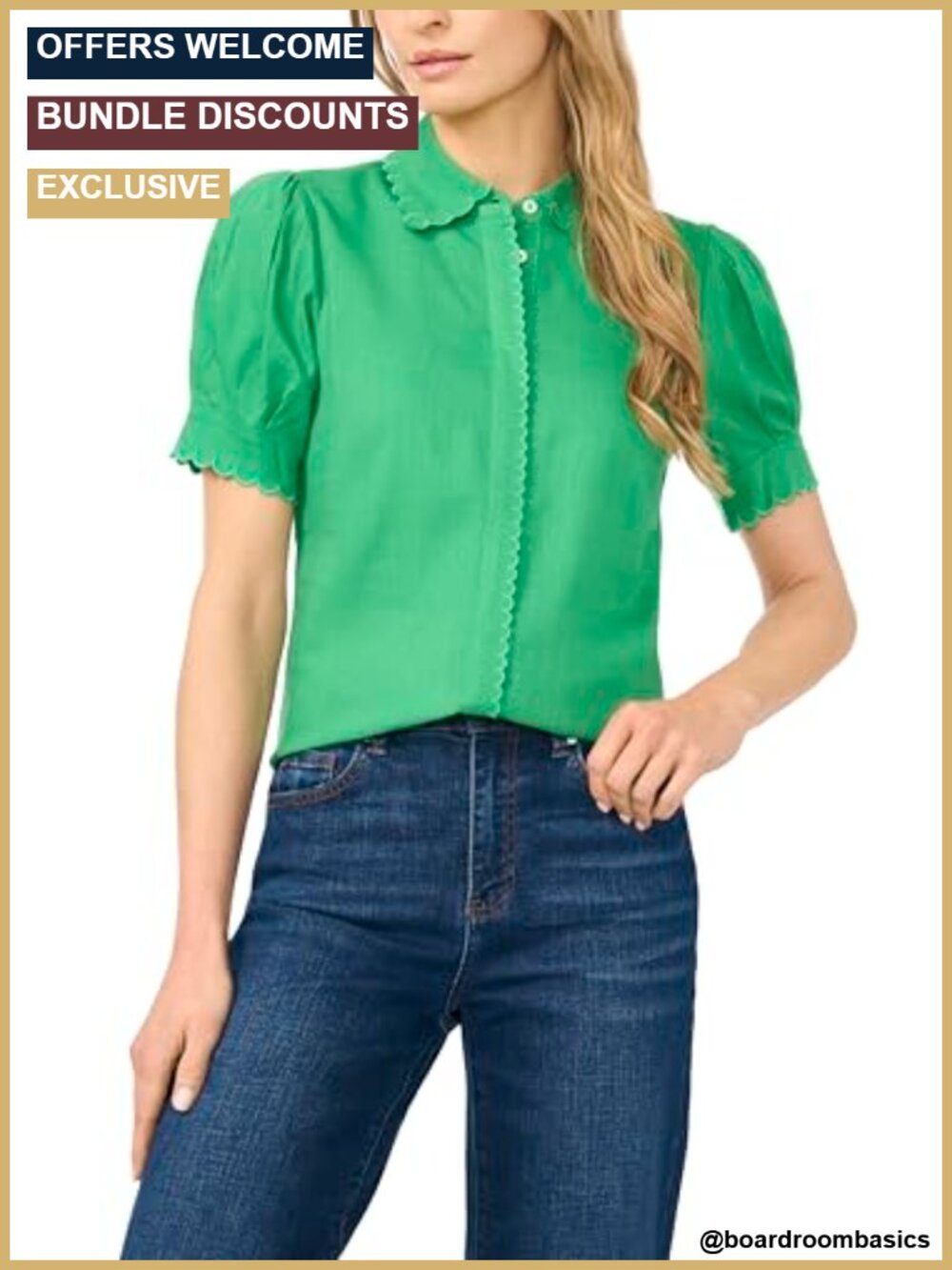 Short Sleeve Scallop Trim Button Up Top Blouse Rayon Linen
